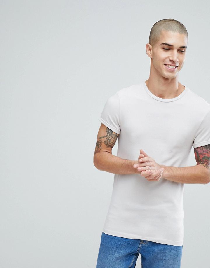Asos Muscle Fit Crew Neck T-shirt With Roll Sleeve - Gray