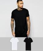 Asos 2 Pack Super Longline T-shirt In White/black With Crew Neck Save - Multi
