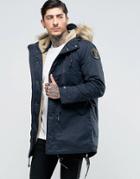 Schott M51 Fishtail Parka Fleece Lined Hood With Detachable Faux Fur Trim - Navy