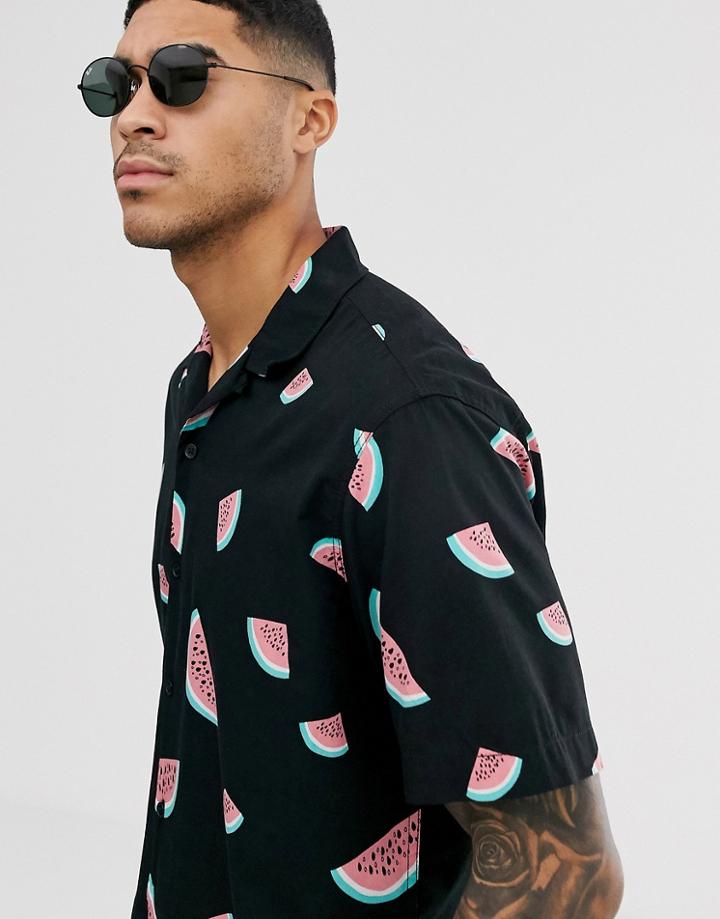 Jack & Jones Originals Revere Collar Watermelon Printed Short Sleeve Shirt In Black