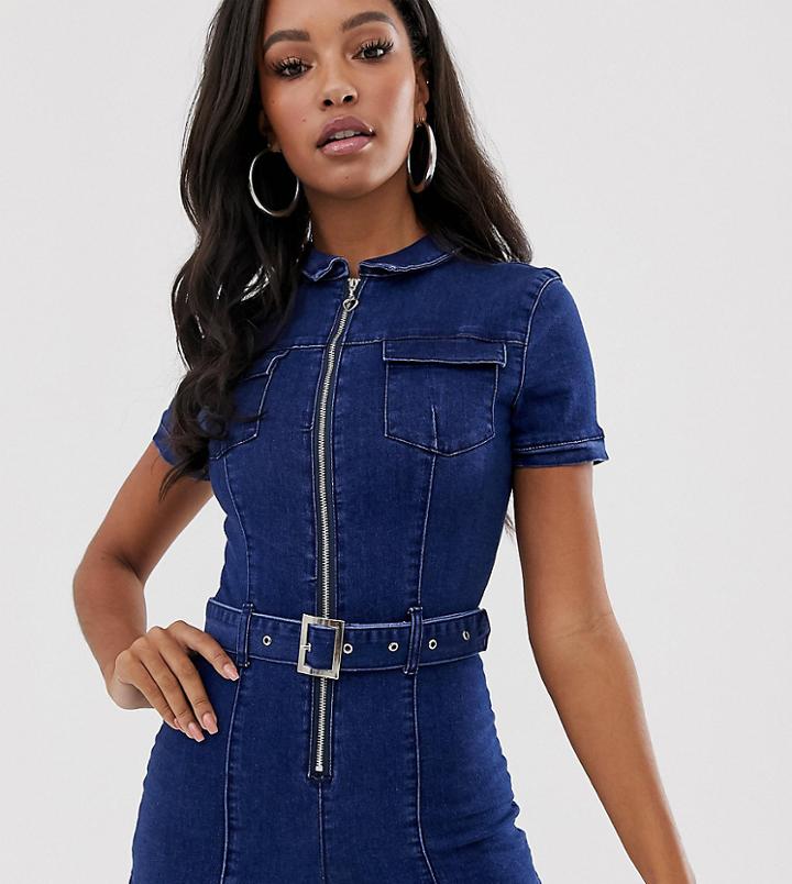 Liquor N Poker 70's Inspired Zip Front Denim Romper - Beige