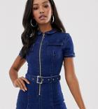 Liquor N Poker 70's Inspired Zip Front Denim Romper - Beige
