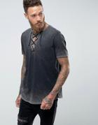 Asos Longline T-shirt With Acid Wash And Lace-up Neck - Gray