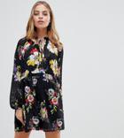 Asos Design Petite Mini Smock Dress In Grid Floral Print With Long Sleeves-multi