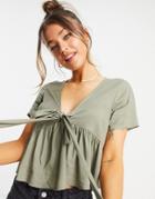 Asos Design Short Sleeve Tie Front Tea Blouse In Dusty Khaki-no Color