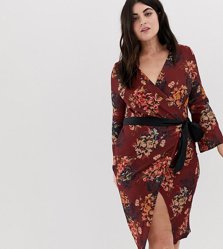 Closet London Plus Allover Floral Wrap Pencil Dress With Belt-multi