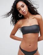 Asos Design Wet Look Ribbed Bandeau Bikini Top In Black - Black