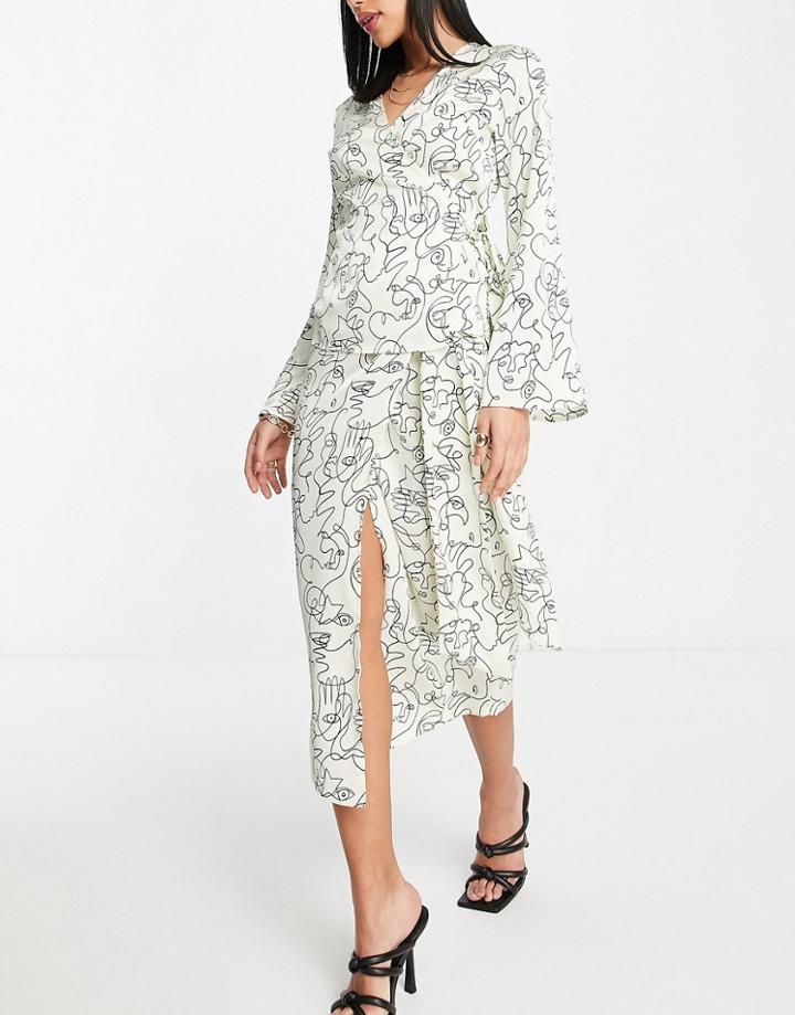 Never Fully Dressed Wrap Midi Skirt In Abstract Face Print - Part Of A Set-white
