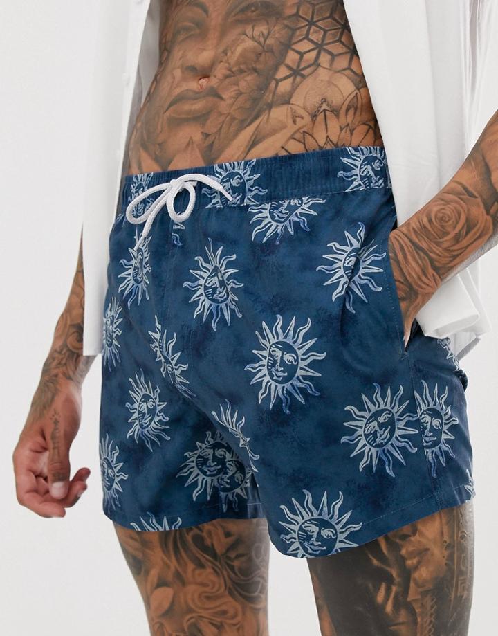 Asos Design Swim Shorts With Navy Acid Wash Sun Print Short Length-blue