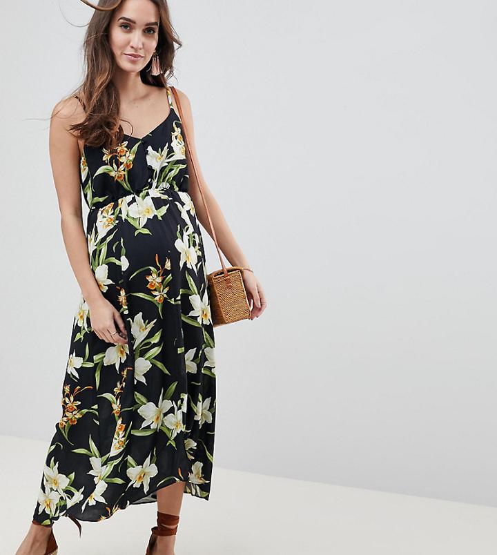 Asos Design Maternity Button Through Maxi Dress In Lily Print - Multi