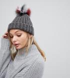 My Accessories Gray Beanie With Multi Colored Pom - Gray