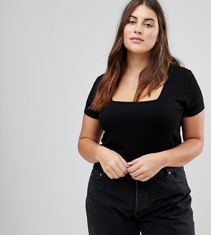 Asos Curve T-shirt With Square Neck In Fancy Rib - Black