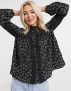Brave Soul Lace Trim Blouse With Balloon Sleeves In Floral Print-black