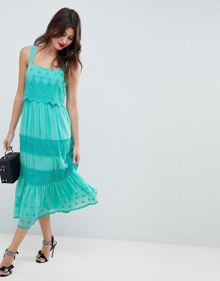 Asos Design Tiered Embroidered Midi Dress - Blue
