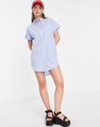 Noisy May Mini Short Sleeve Shirt Dress In Blue Stripe