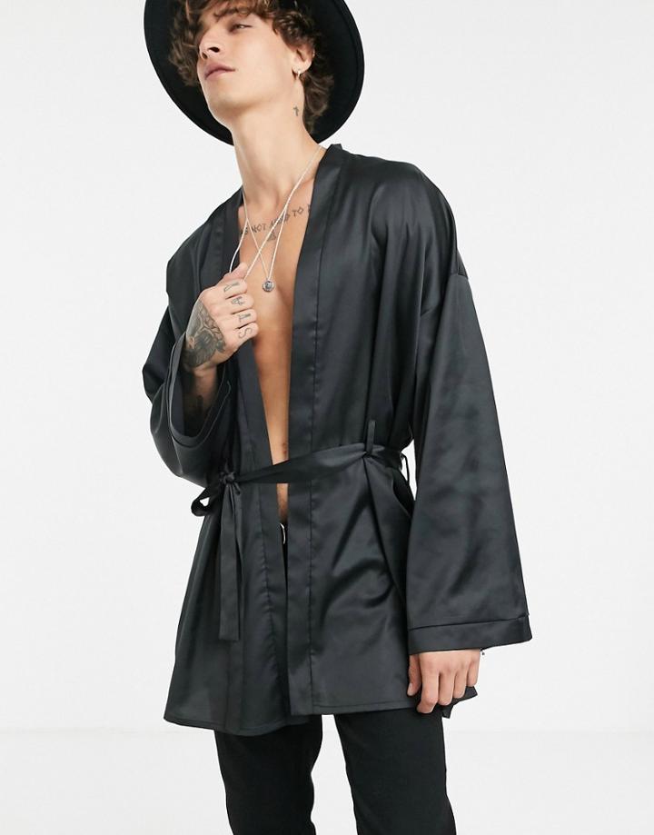 Asos Design Belted Satin Kimono In Black - Black
