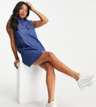 Noisy May Petite Exclusive Padded Shoulder Shirt Dress In Blue Denim-blues