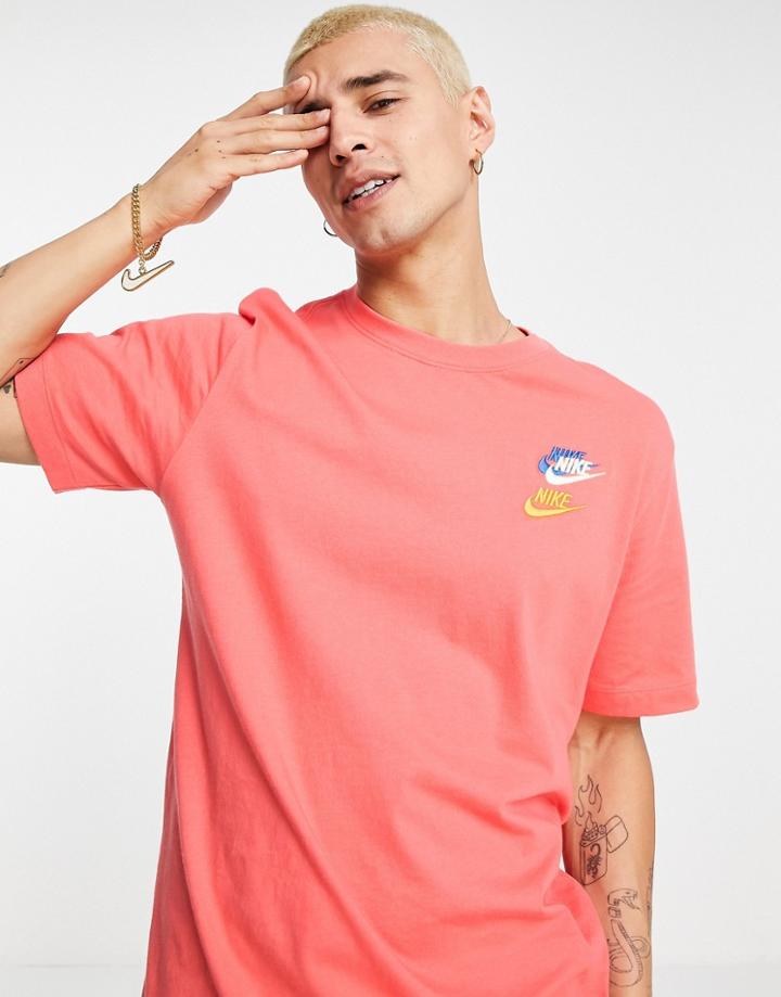 Nike Essentials+ Multi Logo T-shirt In Coral-orange