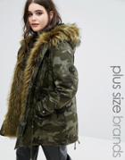 Alice & You Camo Premium Parka Jacket With Fur Lining - Green