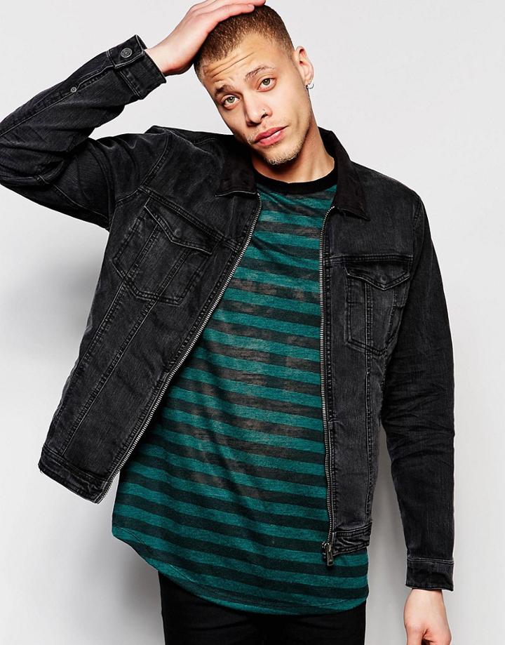 Pull & Bear Zip Through Denim Jacket In Washed Black - Black