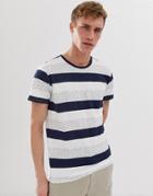Selected Homme T-shirt With Printed Stripe In Organic Cotton-navy
