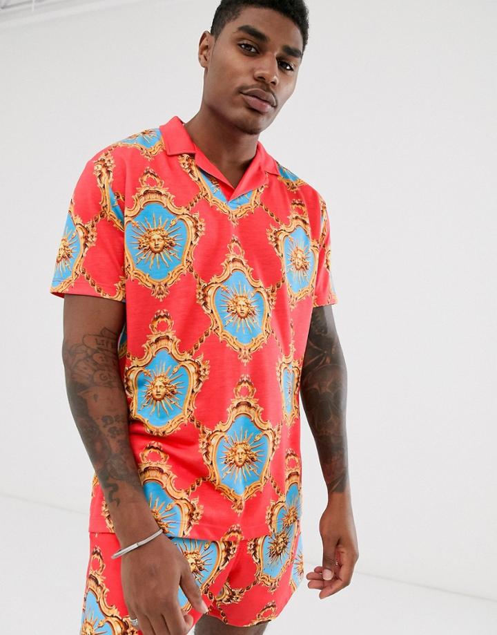 Asos Design Two-piece Relaxed Revere Polo With All Over Sun Baroque Print - Red