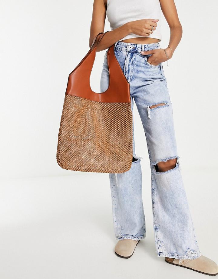 Topshop Crochet Pu Mix Tote Bag In Brown