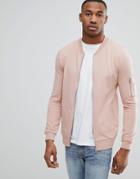 Asos Muscle Fit Jersey Bomber Jacket In Pink With Ma1 Pocket - Pink