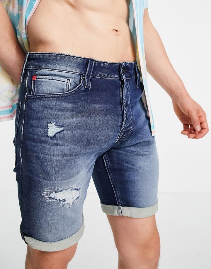 Jack & Jones Denim Shorts With Rip In Mid Blue-blues