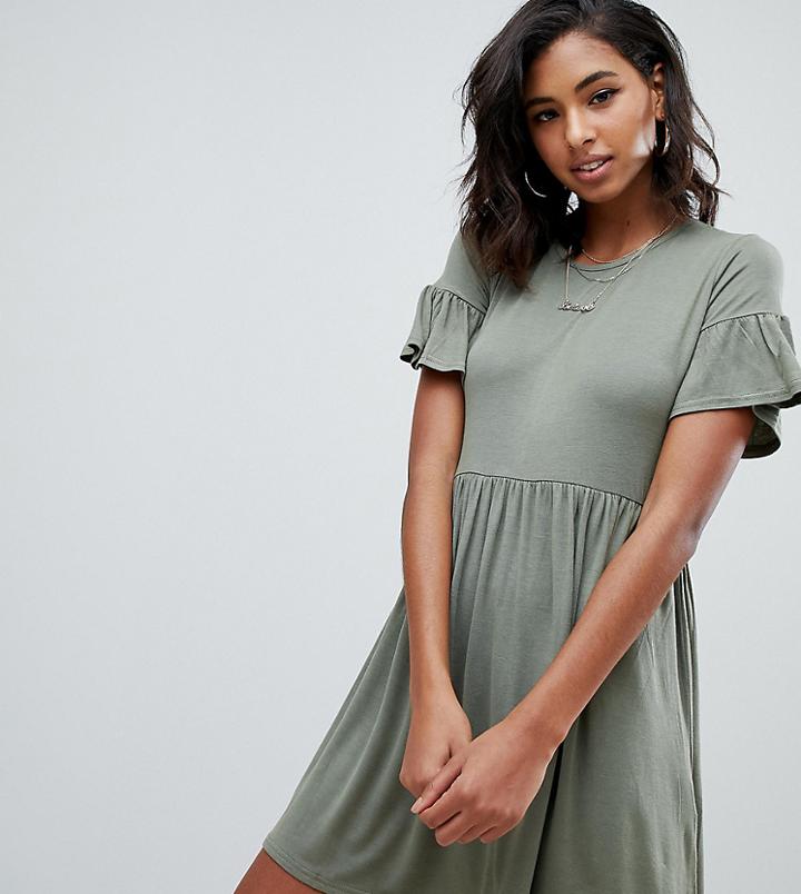 Boohoo Exclusive Smock Dress With Frill Sleeve In Khaki - Green