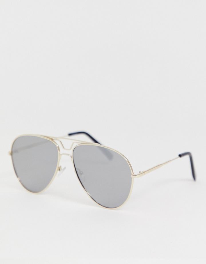 Asos Design Aviator Sunglasses With Gold Frame And Smoke Mirror Lenses