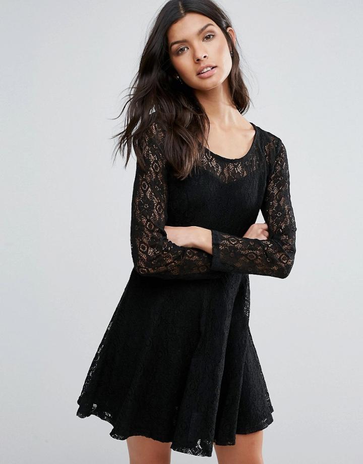 Pussycat London Skater Dress With Lace Overlay - Black