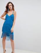 Asos Fringe & Lace Plunge Bodycon Mini Dress - Blue