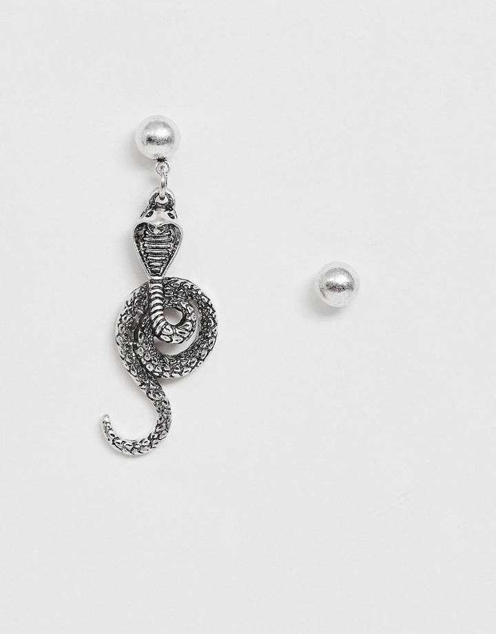 Asos Design Single Hoop Snake Earring With Stud In Burnished Silver