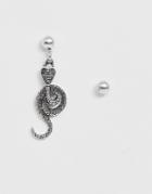 Asos Design Single Hoop Snake Earring With Stud In Burnished Silver
