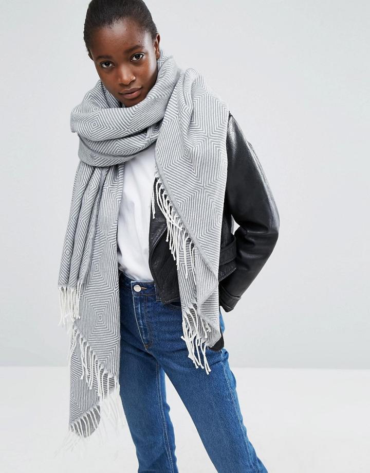 Asos Oversized Scarf With Tassels In Herringbone Geo - Gray