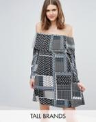Influence Tall Frill Bardot Dress In Patchwork Print - Multi