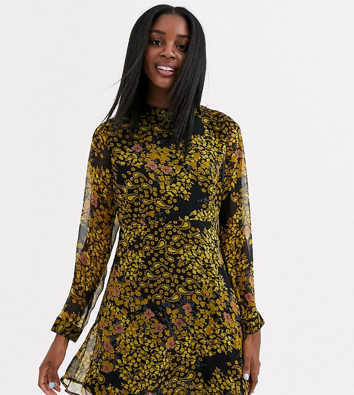Jdy High Neck Chiffon Skater Dress In Yellow Floral-multi