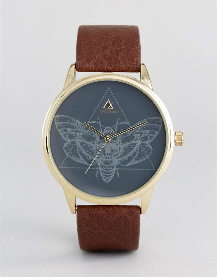 Asos Watch With Brown Faux Leather Strap And Moth Design - Gray
