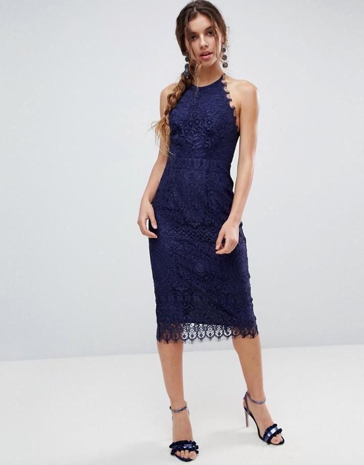 Asos Lace Pinny Scallop Edge Midi Pencil Dress - Navy
