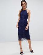 Asos Lace Pinny Scallop Edge Midi Pencil Dress - Navy