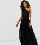 Asos Design Tall One Shoulder Tulle Maxi Dress-black