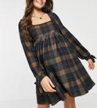 Asos Design Maternity Square Neck Mini Smock Dress With Tie Cuff Detail In Brown Check