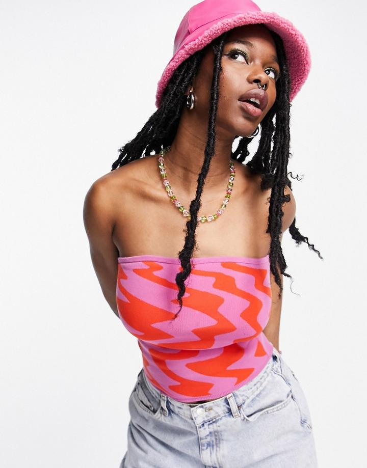 Asos Design Knitted Bandeau Top In Wavy Pattern-purple