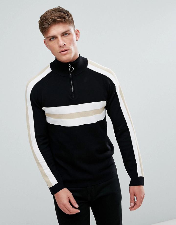 Bellfield Sweater With Half Zip In Retro Color Block - Black