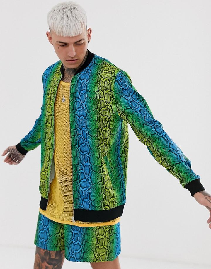 Asos Design Two-piece Jersey Bomber Jacket In Bright Snake Print-multi