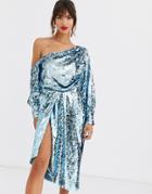 Asos Design One Shoulder Blue Sequin Drape Dress