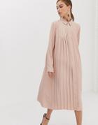 Asos Design Pleated Midi Shirt Dress-pink