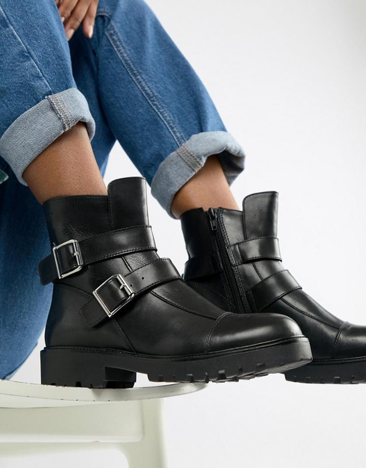 Vagabond Kenova Black Leather Chunky Biker Boots - Black