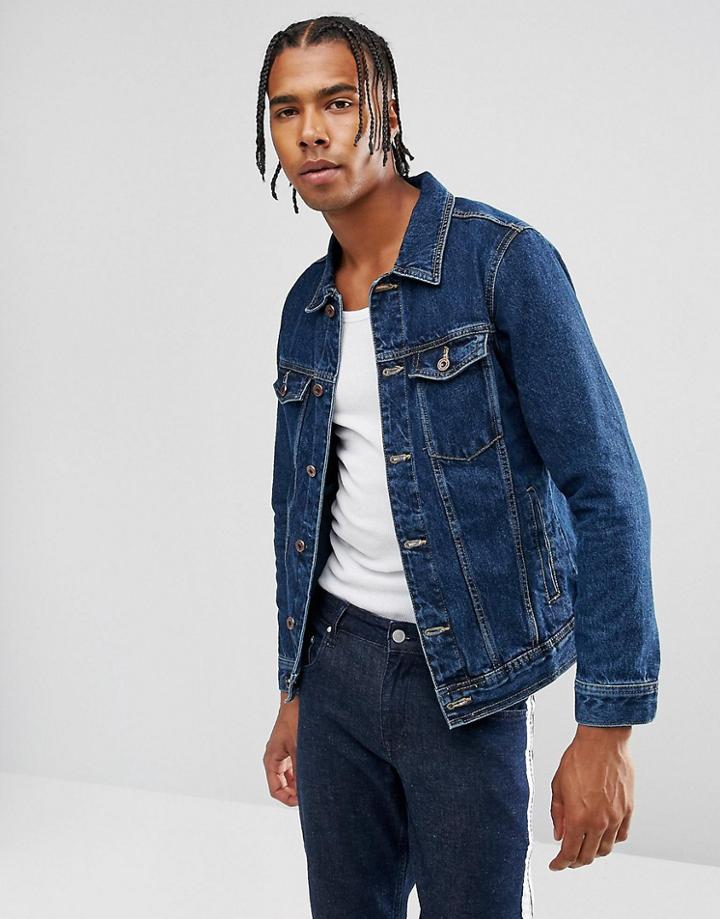 Pull & Bear Denim Jacket In Dark Blue Wash - Blue